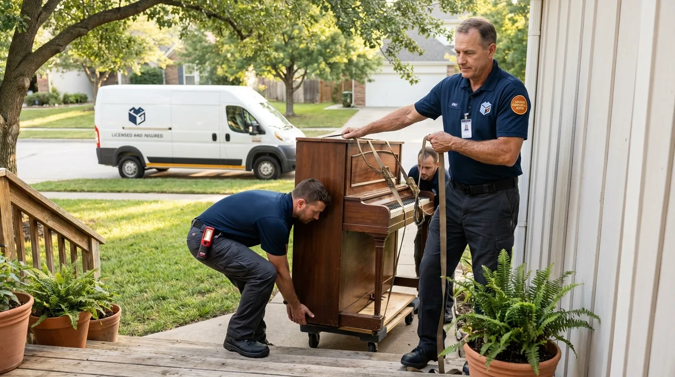 Licensed piano movers securing grand piano in West Portsmouth, OH