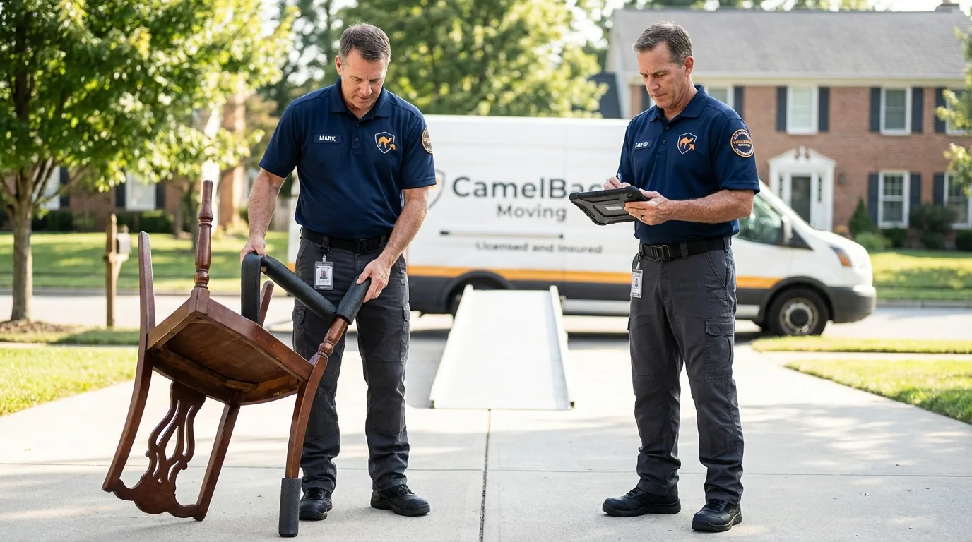 Movers inspecting furniture for damage prevention before loading in West Portsmouth, OH