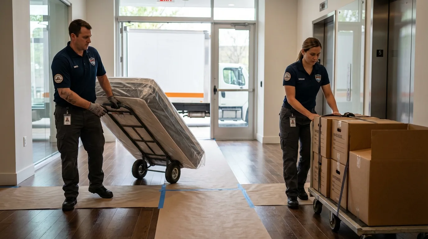 Professional apartment movers loading elevator in West Portsmouth, OH