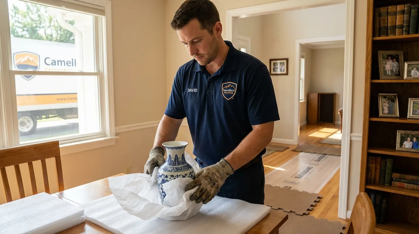 Professional crew carefully wrapping antique vase for senior downsizing move in West Portsmouth, OH